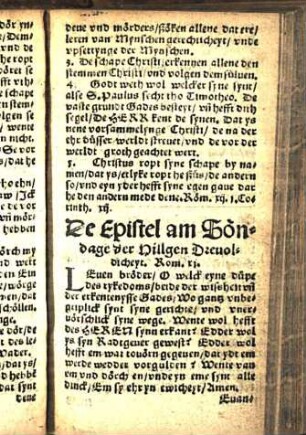 De Epistel am Söndage der Hillgen Dreuoldicheyt. Rom. xj. [Euangelion am Söndage der Hillgen Dreuol[...]dicheyt. Johannis. iij.]