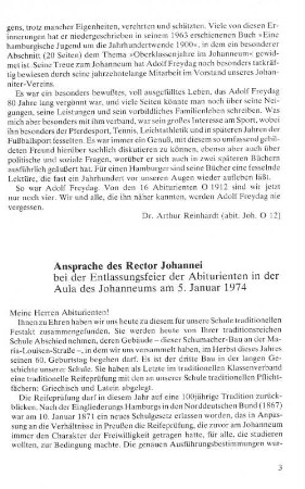 Ansprache des Rector Johannei bei der Entlassungsfeier der Abiturienten in der Aula des Johanneums am 5. Januar 1974