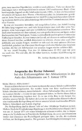 Ansprache des Rector Johannei bei der Entlassungsfeier der Abiturienten in der Aula des Johanneums am 5. Januar 1974