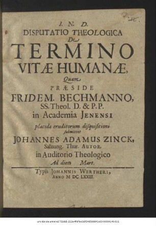 Disputatio Theologica De Termino Vitae Humanae
