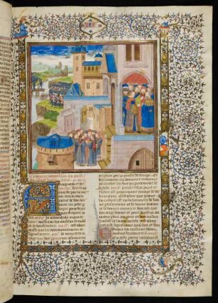 Vollbordürenseite mit Miniatur (Lepidus ergibt sich Octavian), Initiale A und bewohnter Fadenrankenbordüre