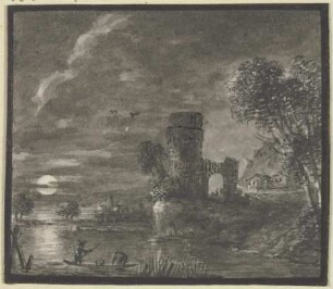 Turmruine am Wasser bei Mondschein