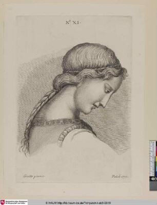 [Bildnis einer jungen Frau mit Zopf im Profil nach rechts, Detail einer Figur aus Giottos Fresken in der 1770 abgebrannten Cappella Manetti, in der Größe des Originals]