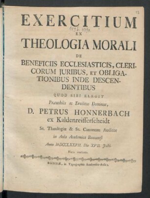 Exercitium Ex Theologia Morali De Beneficiis Ecclesiasticis, Clericorum Iuribus, Et Obligationibus Inde Descendentibus