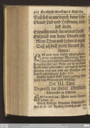 Der III. Titul Begreifft die Gebet Christlicher Lehrmeister in Schulen.