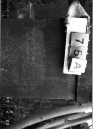 Grabstein 75 (Index: 99751822) Material: Sandstein Zustand: leicht verwittert Maße HxBxT: 147x55x28 cm Beschreibung: Abdeckplatte m. Volutenaufsatz m. Mittel-u. Eckakrot. , rechteck. Schriftfeld eingetie Symbolik: Voluten, Ranken: Grabstein 75A