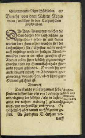 Bericht von dem Achten Argument/ welches sie den Lutherischen zuschreiben.