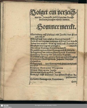 Volget ein verzeichnus der Jarmerckt, welche von den Kauffleuten in Preussen ersucht werden