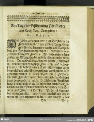 Am Tage der Erscheinung Christi oder drey König Tag. Evangelium, Matth. II. v. 1-12.