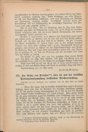 105. Der Prinz von Preußen über die von der deutschen Nationalversammlung beschlossene Reichsverfassung.