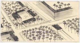 Kirche, Berlin-Zehlendorf Projekt I: Perspektivische Ansicht (Vogelschau) mit umliegender Bebauung (Alternative zu Inv.Nr. 9195)