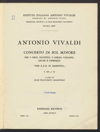 Concerto in Sol minore per 3 oboi, fagotto, 2 corni, violino, archi e cembalo : "per S.A.R. di Sassonia" : F. XII n. 33