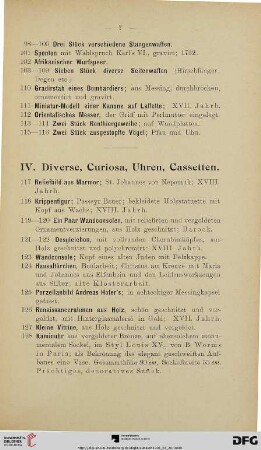 IV. Diverse, Curiosa, Uhren, Cassetten (Nr. 117-134)