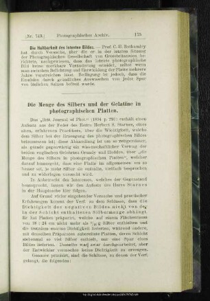 Die Menge des Silbers und der Gelatine in photographischen Platten