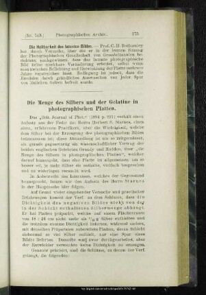 Die Menge des Silbers und der Gelatine in photographischen Platten
