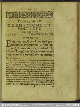 Disputatio IX. De Emptione Et Venditione. Respondente Conrado Block Hannoverano
