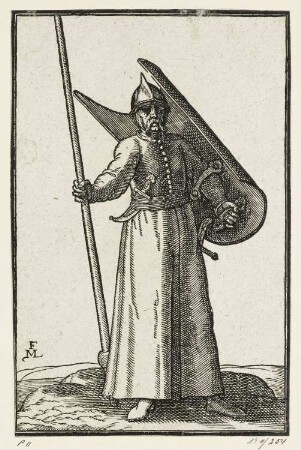 Soldat mit Schild und Lanze, aus: Melchior Lorch, "Des Weitberühmten Kunstreichen und Wolerfahrnen herrn Melchior Lorichs, Flensburgensis Wolgerissene und geschnittene Figuren zu Ross und Fuss sampt schönen Türkischen Gebäuden und allerhand was in der Türkey ze sehen", Hamburg 1626