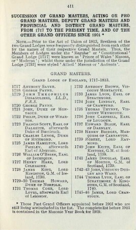 Succession of Grand Masters, Acting or Pro Grand Masters, Deputy Grand Masters and Provincial and District Grand Masters, from 1717 to the present time, and of the other Grand Officers since 1901
