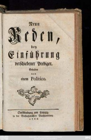 Neun Reden bey Einführung verschiedener Prediger