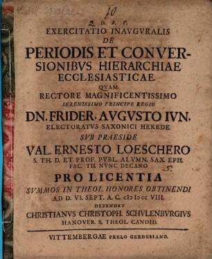 Exercitatio Inavgvralis De Periodis Et Conversionibvs Hierarchiae Ecclesiasticae
