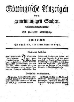 42tes Stück. Sonnabend, den 19ten October 1776.