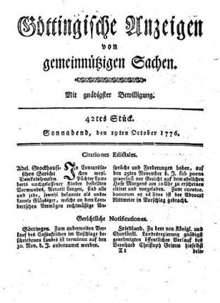 42tes Stück. Sonnabend, den 19ten October 1776.
