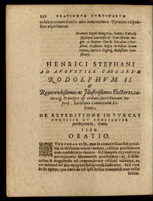 Henrici Stephani Ad Augustiss. Caesarem Rodolphum II. ... De Expeditione In Turcas ... Oratio.