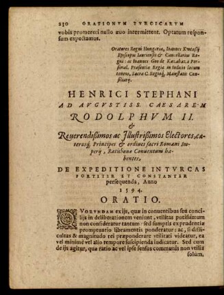 Henrici Stephani Ad Augustiss. Caesarem Rodolphum II. ... De Expeditione In Turcas ... Oratio.