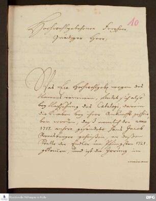 Brief von August Hermann Francke an Ernst Friedrich v. Seckendorff.