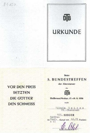 Urkunde vom 5. Bundestreffen der Altersturner des Deutschen Turnerbundes