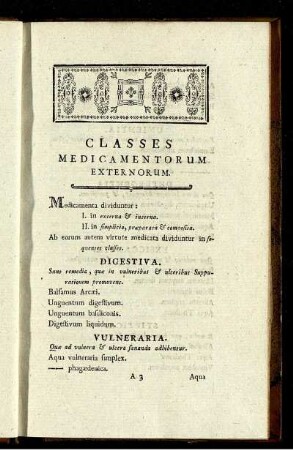 Classes Medicamentorum Externorum.