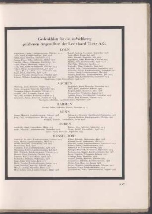 Gedenkblatt für die im Weltkrieg gefallenen Angestellten der Leonhard Tietz A.G.