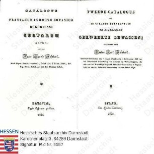 Haßkarl, Justus Karl Dr. h. c. (1811-1894) / Titelblatt seiner Veröffentlichung 'Tweede Catalogus der In 'S Lands Plantentuin ...'