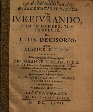 Dissertatio Jvridica de Ivreivrando, Cum In Genere, Tum In Specie, De Litis Decisorio