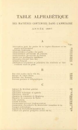 Table alphabétique des matières contenues dans l'annuaire année 1887