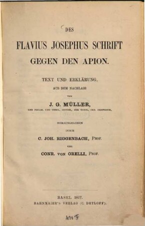 Des Flavius Josephus Schrift gegen den Apion