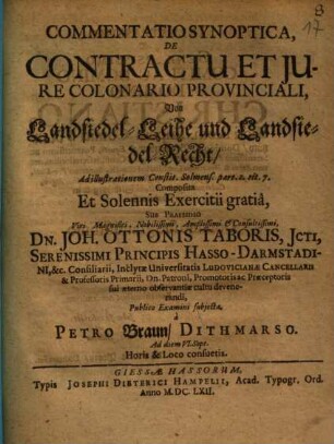Commentatio Synoptica, De Contractu Et Iure Colonario Provinciali = Von Landsiedel-Leihe und Landsiedel-Recht