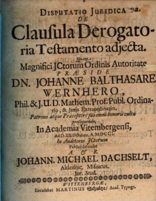 Diss. iur. de clausula derogatoria, testamento adiecta