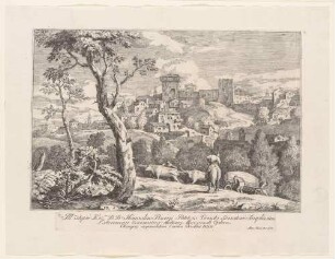 Italienisches Dorf auf einem Hügel, im Vordergrund Ochsenkarren, Bl. 5 der Folge "Varia Marci Ricci pictoris praestantissimi experimenta"