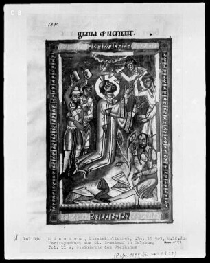 Perikopenbuch aus dem Benediktinerinnenkloster Sankt Erentrud auf dem Nonnberg — Steinigung des heiligen Stephanus, Folio 11verso
