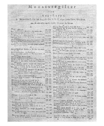 Monatsregister vom August 1791