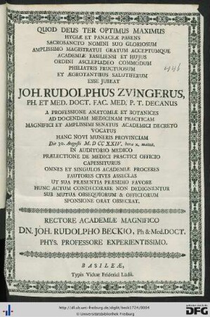 Quod Deus Ter Optimus Maximus Hygiae Et Panaceae Parens Sacrosancto Nomini Suo Gloriosum Amplissimo Magistratui Gratum Acceptumque Academiae Basiliensi ...