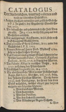 Catalogus Der Riederischen, würklich edirten und noch zu edirenden Schrifften