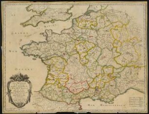 Karte von Frankreich, 1:3 000000, Kupferstich, 1679 : La France et les environs, jusques à l'esten-dûe de l'ancienne Gaule, divisée en ses prima-tiats, provinces ecclésiast ques et dioecèses des archeveschés et éveschés / par le Sr. Sanson d'Abbeville. - [Ca. 1:3 000 000]. - Paris : l'auteur, 1679. - 1 Kt. : Kupferst. ; 56 x 43 cm. - Bl. No. 41