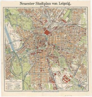 Neuester Stadtplan von Leipzig, 1:12 000, 1928 : Neuester Stadtplan von Leipzig / Zeichnung v. H. Rollfinke. - Kleine Ausg. - 1:12 000. - Leipzig : Frawin-Verl. , [1928]. - 1 Kt. : mehrfarb. ; 45 x 45 cm, gef. + Straßenverz. (8 S.)