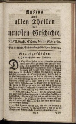 XLVII. Nachl. Coburg, den 22. Nov. 1760.