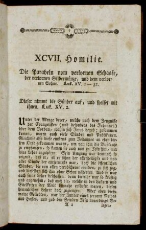XCVII. Homilie. Die Parabeln vom verlornen Schaafe, der verlornen Silbermünze, und dem verlornen Sohne. Luk. XV. 1-32