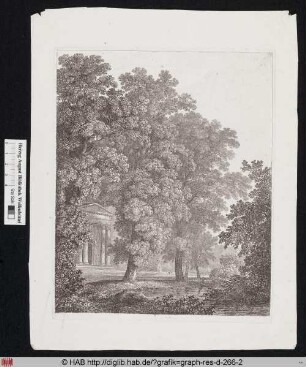 Zwei Spaziergänger in einer bewaldeten Landschaft mit einem antiken Tempel.