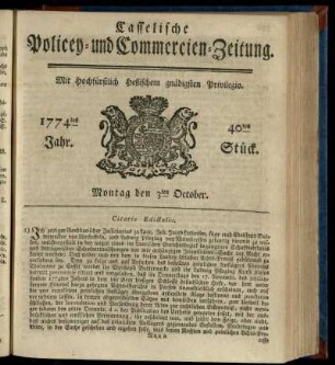 40tes Stueck, Montag den 3ten October 1774