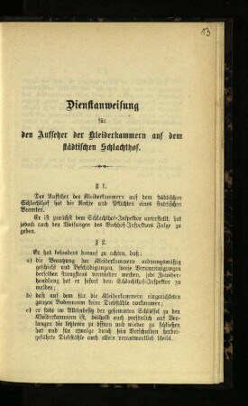 Dienstanweisung für den Aufseher der Kleiderkammern auf dem städtischen Schlachthof